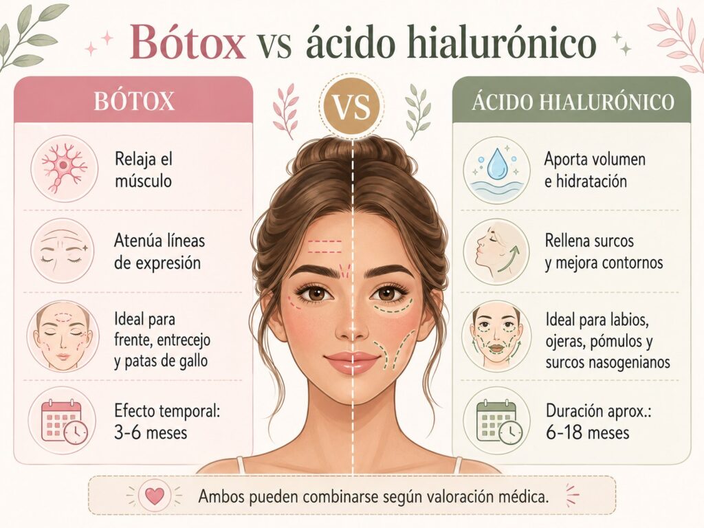 Infografía sobre ácido hialurónico vs bótox con sus diferencias, usos y duración