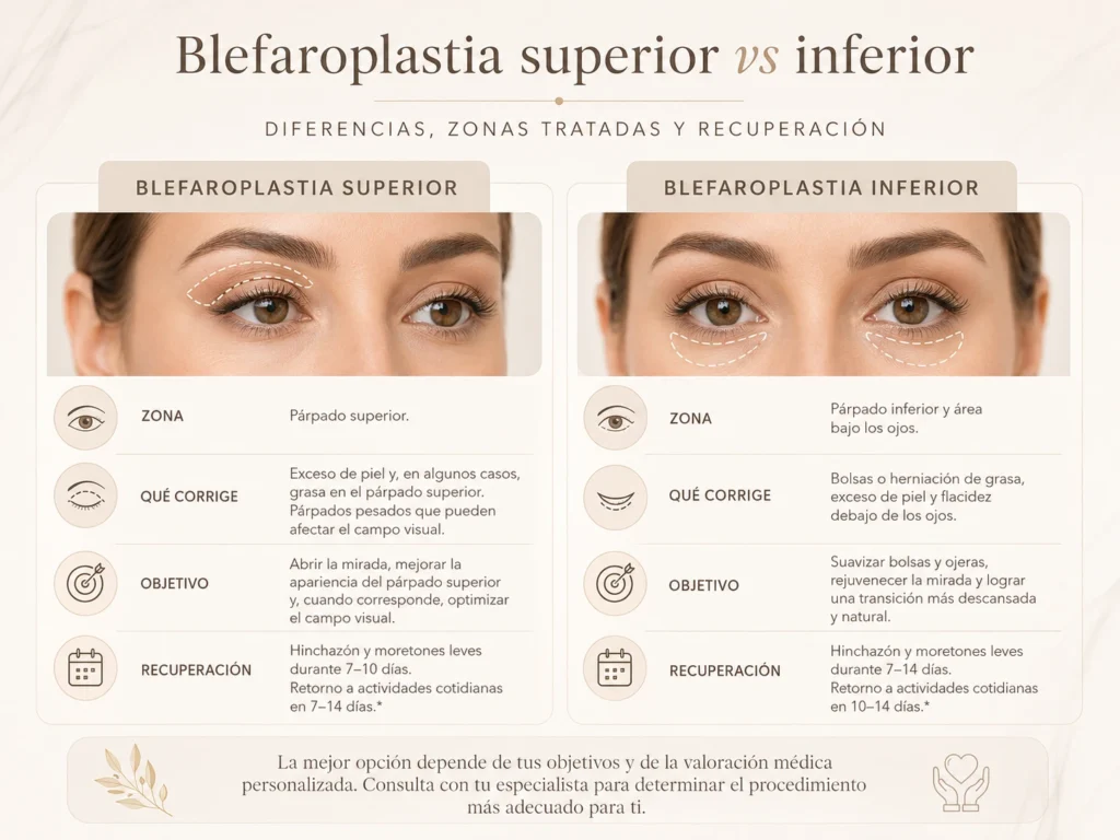 Infografía comparativa sobre blefaroplastia superior e inferior, zonas tratadas y diferencias