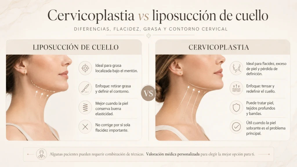 Infografía comparativa sobre cervicoplastia vs liposucción de cuello, sus diferencias y zonas tratadas