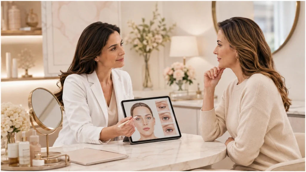 Especialista evalúa los párpados de una paciente durante una consulta de blefaroplastia