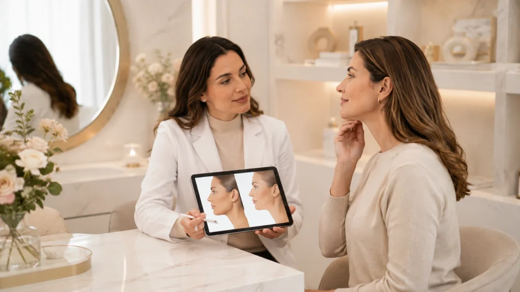 Especialista evalúa el cuello y perfil de una paciente durante una consulta para cervicoplastia