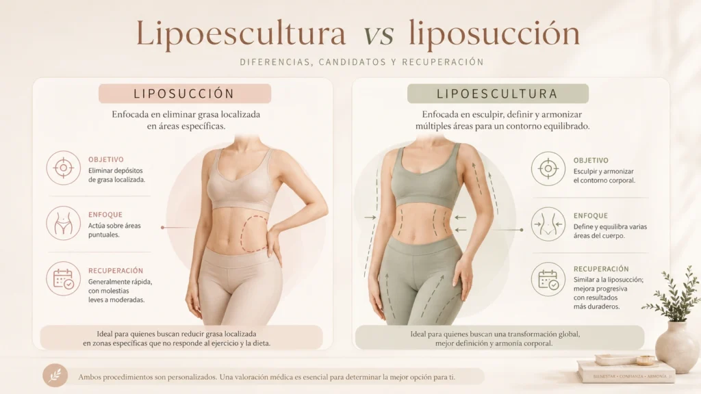 Infografía comparativa sobre lipoescultura vs liposucción, sus diferencias, objetivos y recuperación