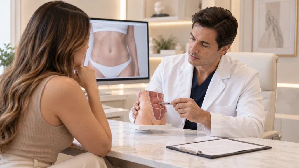Cirujano plástico explica opciones de cirugía de abdomen flacido a una paciente durante una consulta