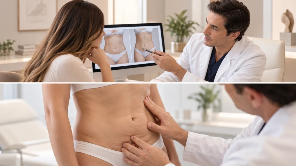 Cirujano plástico explica la anatomía abdominal a una paciente con abdomen flácido