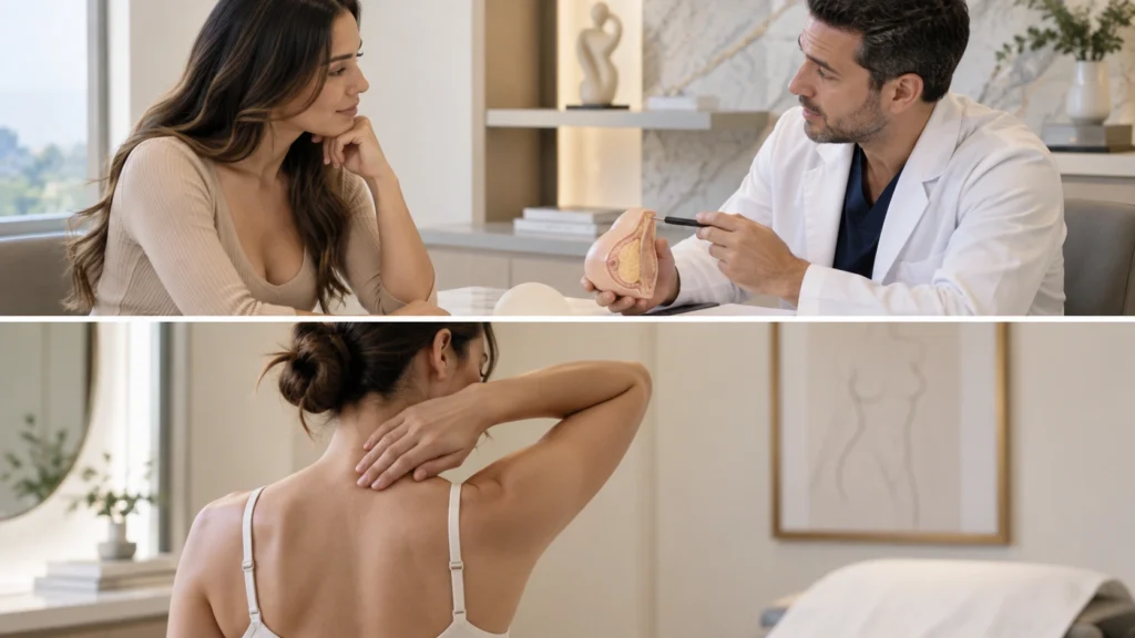 Valoración de mamoplastia de reducción con explicación de la anatomía mamaria y evaluación de la paciente
