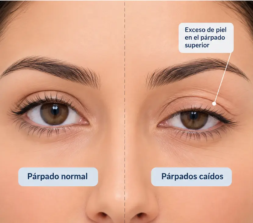 Comparación entre párpado normal y párpados caídos por exceso de piel superior.