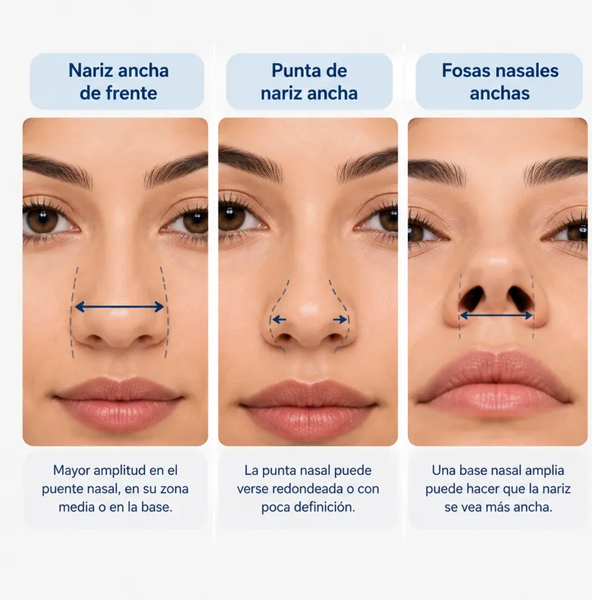 Tipos de nariz ancha de frente: puente nasal amplio, punta ancha y fosas nasales anchas.