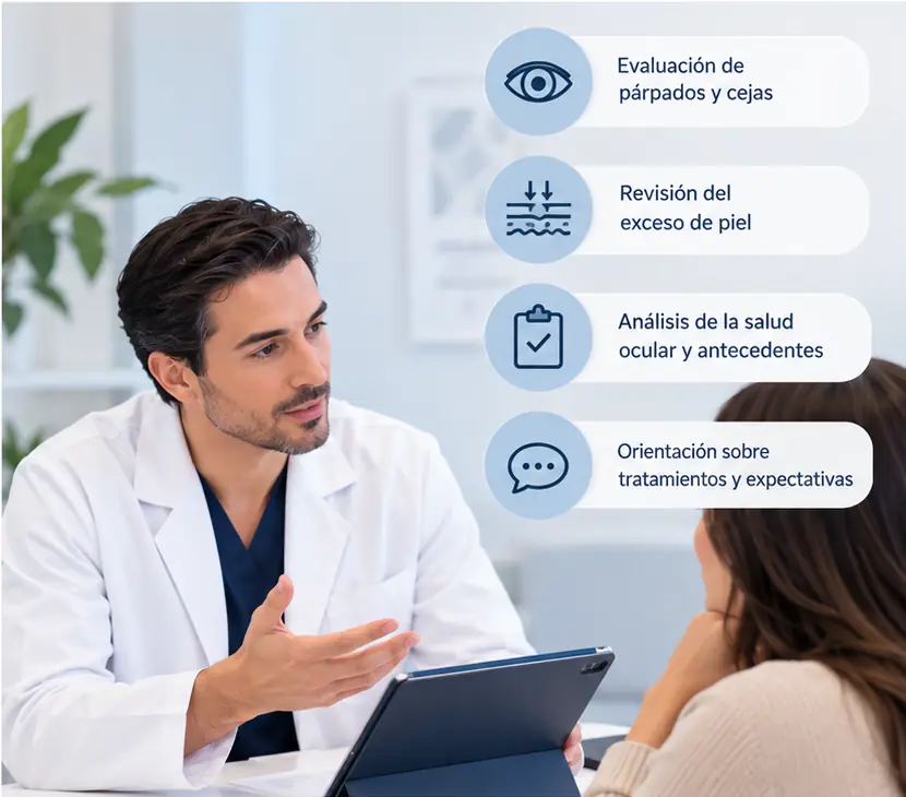 Cirujano explicando la valoración de párpados caídos y las opciones de blefaroplastia.