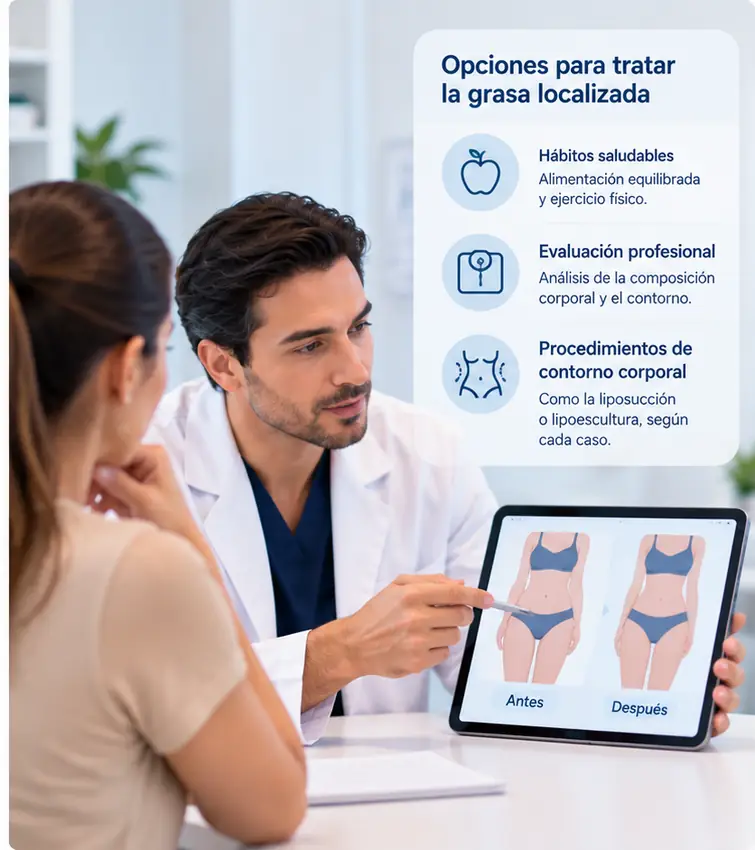 Cirujano plástico explicando opciones de liposucción y lipoescultura para tratar grasa localizada.