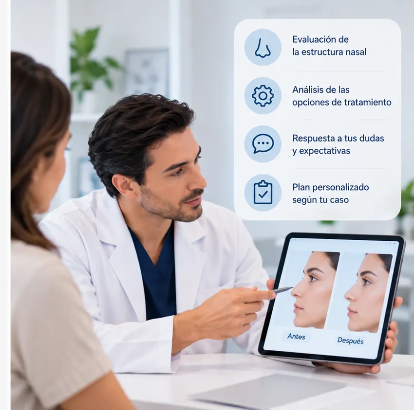 Cirujano plástico explicando las opciones de rinoplastia para mejorar una nariz ancha.