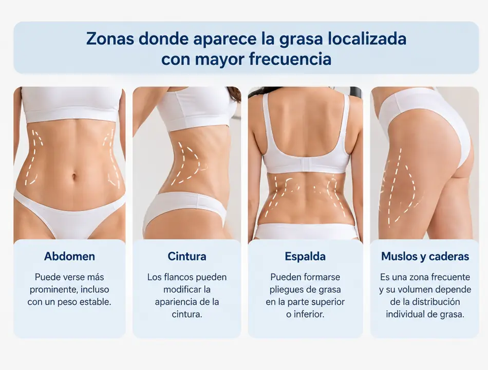 Zonas donde aparece la grasa localizada en abdomen, cintura, espalda y muslos.